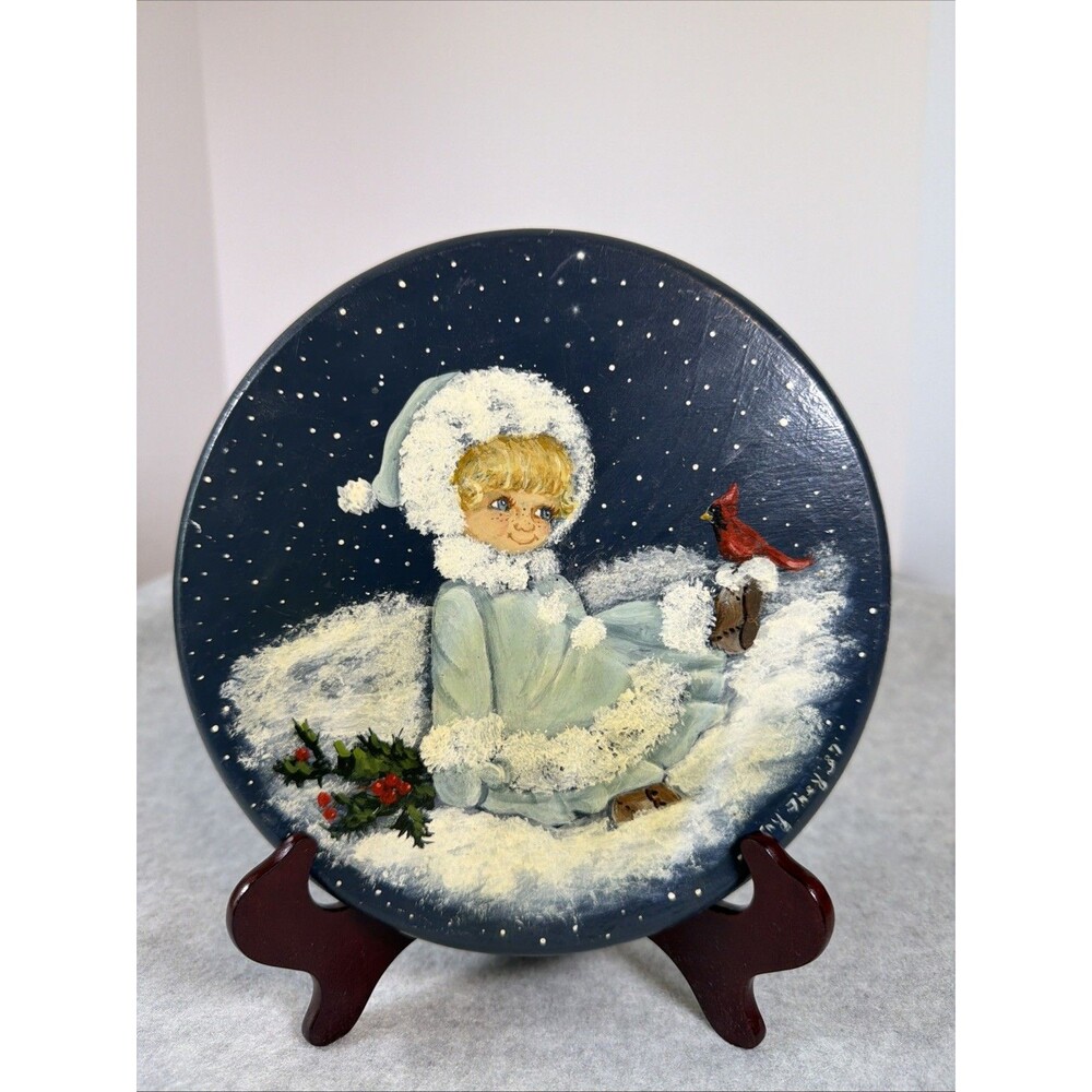 Vintage Christmas Winter Girl Cardinal Hand Painted Wood Tole Plate Signed 1987